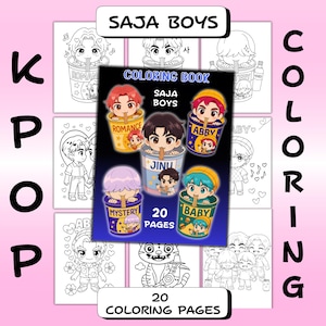 May include: A K-Pop themed coloring book with the text "SAJA BOYS" and "COLORING BOOK". The cover features cartoon illustrations of boys in colorful cups. The book has 20 coloring pages. The word "KPOP" is written vertically on the left side of the image.