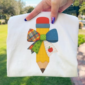 Pencil Bow Patchwork PNG Retro Teacher Back to School Classroom Sublimation Design
