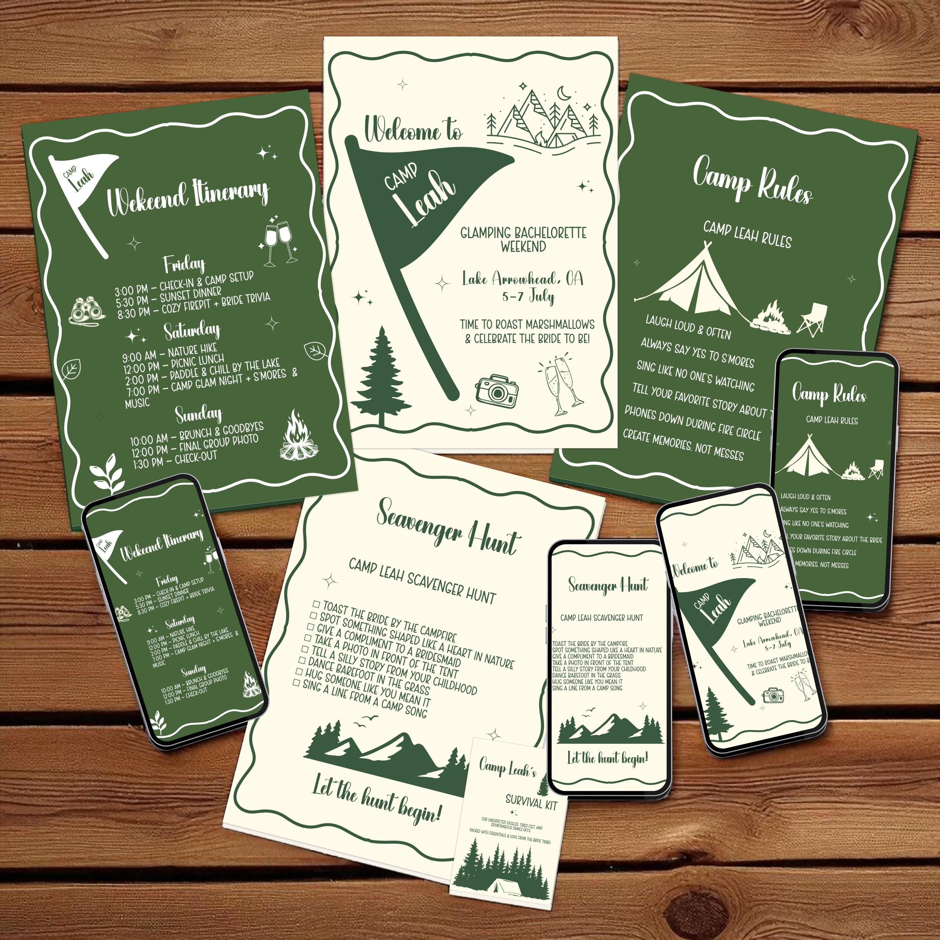 Glamping Junggesellinnenabschied Reiseplan: Camp Weekend, Dunkelgrüne Leinwand als Download