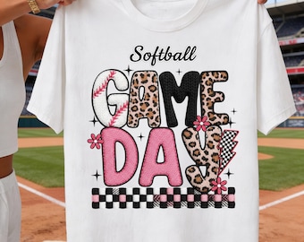 Softball Game Day PNG, Leopard Pink Sports Design, Checkered Mama Tee, DTF Sublimation Printable