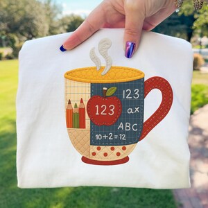 Teacher Mug PNG Patchwork Applique Classroom Cup Quilt Style Teacher Sublimation Design