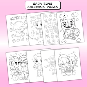 Op de afbeelding: Een verzameling SAJA BOYS kleurplaten. Elke pagina bevat zwart-wit illustraties van anime-achtige personages, dieren en tekst. De pagina's staan op een roze achtergrond. De tekst bovenaan luidt "SAJA BOYS COLORING PAGES".