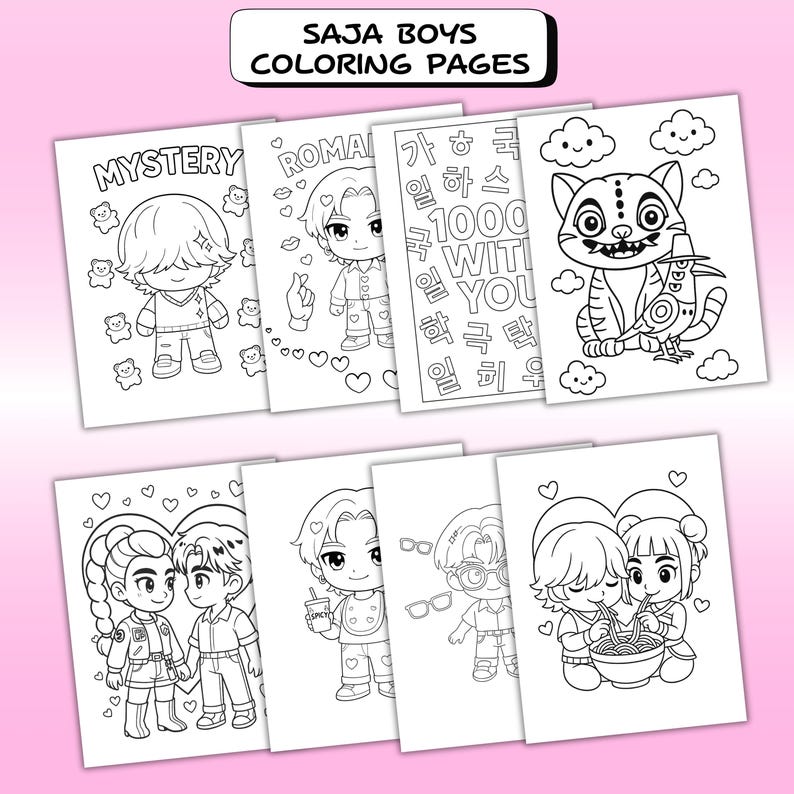 Op de afbeelding: Een verzameling SAJA BOYS kleurplaten. Elke pagina bevat zwart-wit illustraties van anime-achtige personages, dieren en tekst. De pagina's staan op een roze achtergrond. De tekst bovenaan luidt "SAJA BOYS COLORING PAGES".