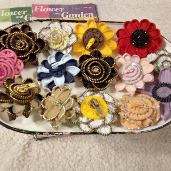 Vintage Zipper Flowers, brooch, purse bling, scarf accessory, fashion accessory, handmade, Handsewn, sunflower, zipper, hat bling, gift lady