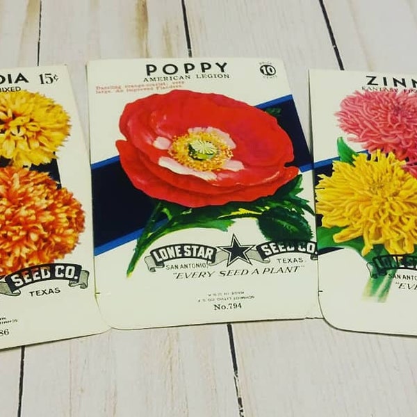 Flower Seed Packets, Set of 3, Junk Journal Supplies, Junk Journal, Ephemera, floral Gardening, Papercrafting, Scrapbooking, Flowers, supply