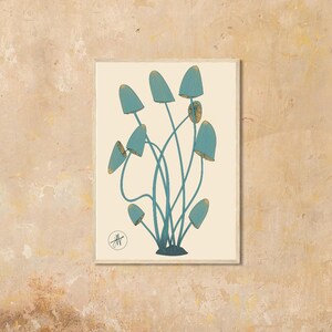 Funghi blu e oro – Stampa artistica di funghi fantasy (incorniciata)