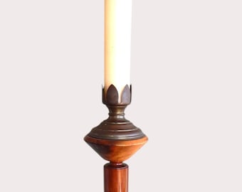 Mid 20th Century Myrtlewood and Brass Pillar Floor Candle Holder