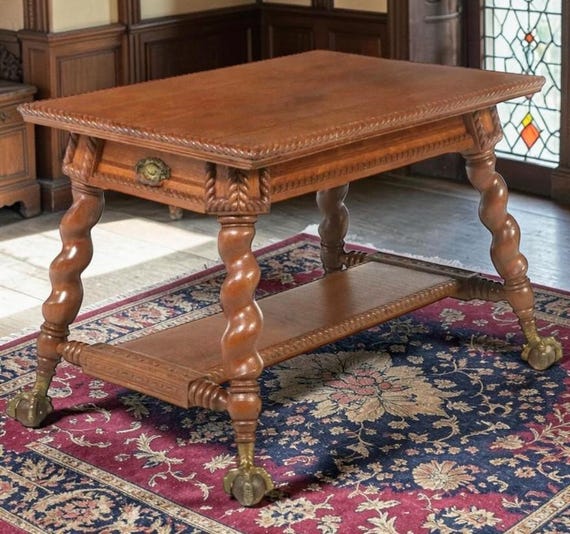 c. 1893 Mecklen Bros of NYC Oak Library Table with Barley Twist Legs
