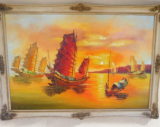 Large 1970's Signed Oil on Canvas of Chinese Junks in Harbor