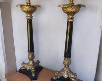 1800's French Imperial Black Marble & Brass Candle Stands - A Pair