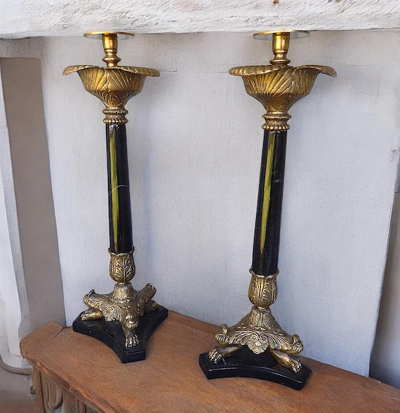1800's French Imperial Black Marble & Brass Candle Stands - A Pair