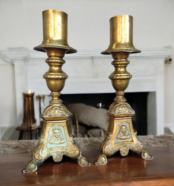 19th Century French Brass Alter Candle Stands - a Pair