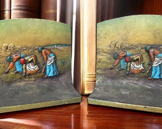 Pair C. 1925 Kronheim & Oldenbusch Brass and Hand Painted Enamel Bookends - "Gleaners"