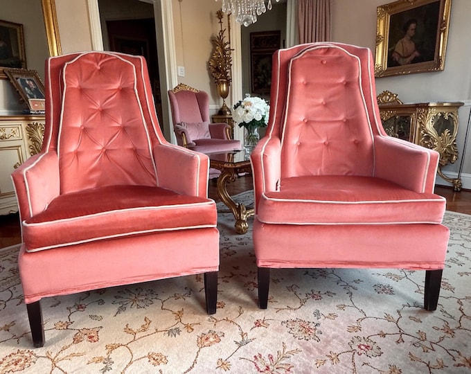 PAIR Vintage Hollywood Regency Deep Pink Velvet High Back Armchairs c. 1970