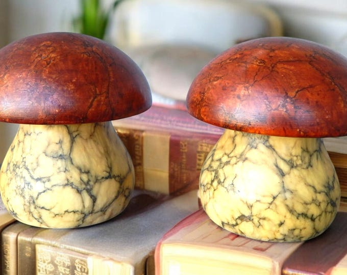 Pair 1960's Noymer Italian Made & Numbered Solid Alabaster Mushroom Bookends