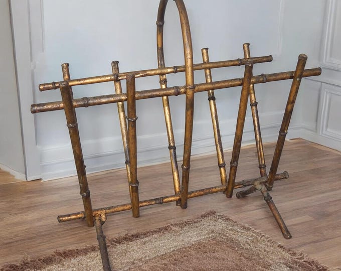 Late 1950's Hollywood Regency Gilt Metal Faux Bamboo Magazine Rack