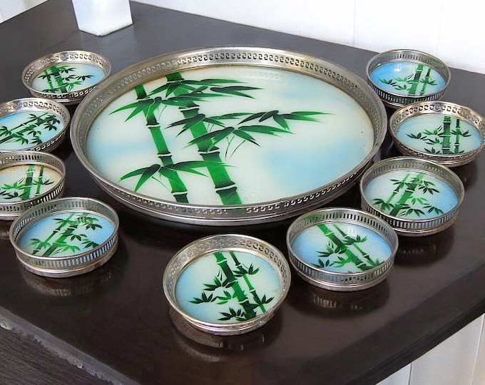 Early 1950's Japanese Painted Glass 10 Piece Sushi Service