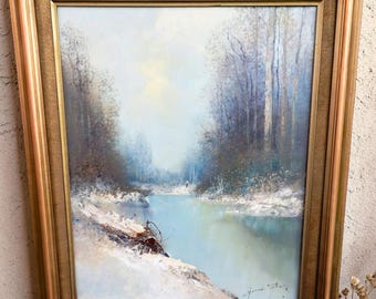 Mid 20th Century Signed Oil on Canvas of River in Winter Scene