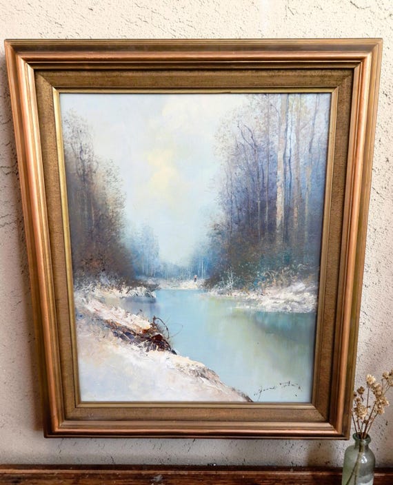 Mid 20th Century Signed Oil on Canvas of River in Winter Scene