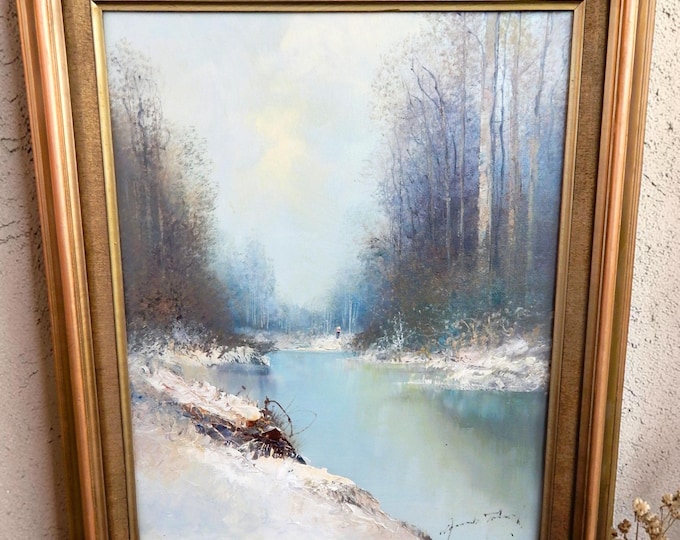 Mid 20th Century Signed Oil on Canvas of River in Winter Scene