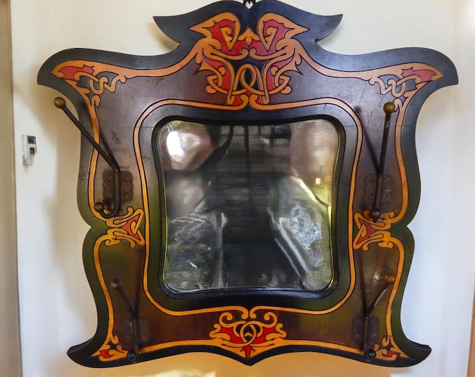 Mid Century Vintage Swiss/German Influenced Carved & Painted Mirror w/ Brass Coat Hooks