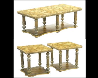 Mid 20th c. Hollywood Regency Resin Embedded Stone, Mother of Pearl Table Set