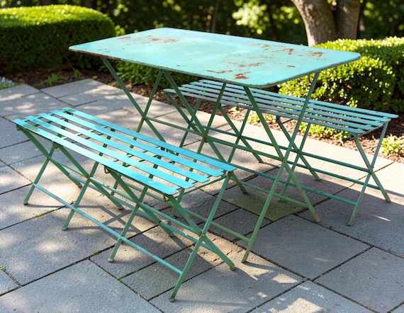 Vintage Steel Folding Picnic Table & Two Benches