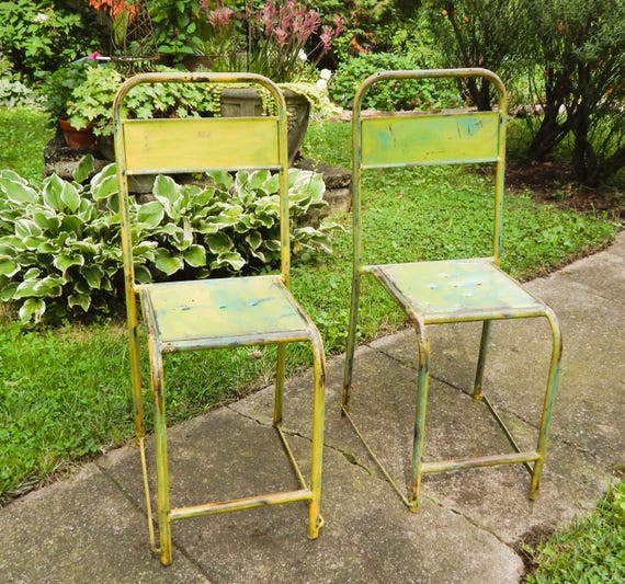 Pair 1960's Vintage French Steel Cafe Chairs