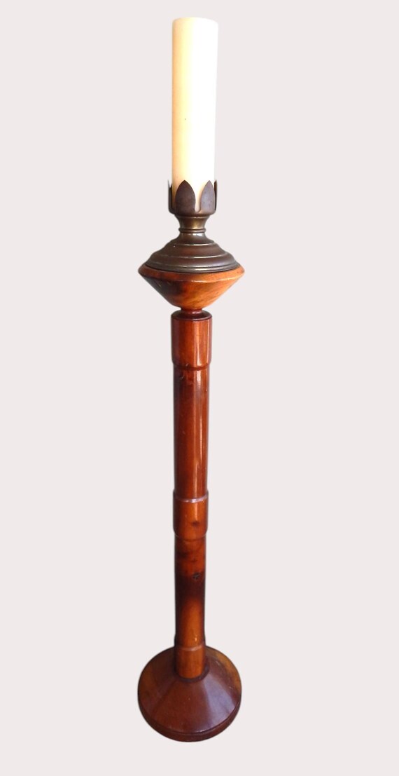 Mid 20th Century Myrtlewood and Brass Pillar Floor Candle Holder
