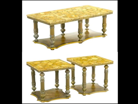 Arturo Pani Mid 20th c. Hollywood Regency Resin Embedded Stone, Abalone Table Set