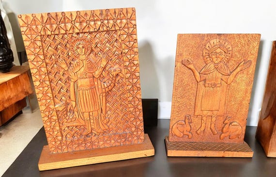 Pair Vintage Hand Carved on Slab Hardwood Christian Iconography