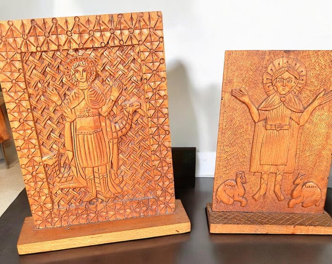 Pair Vintage Hand Carved on Slab Hardwood Christian Iconography