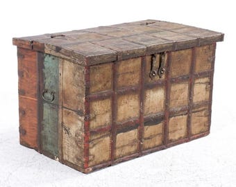 Large 19th Century Indian Iron Strapped Dowry Chest / Trunk