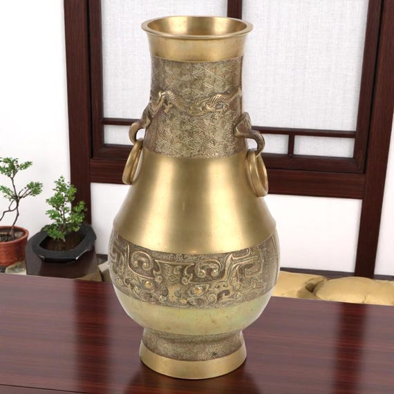 Antique Korean Ring Handled Brass Vase