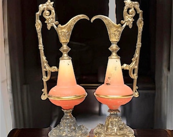 19th Century Antique  Painted & Gilt Ewer Shape Mixed Metal Candlestick Holders