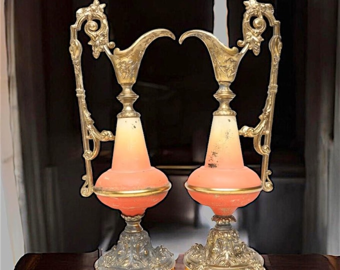 19th Century Antique  Painted & Gilt Ewer Shape Mixed Metal Candlestick Holders