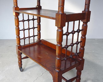 Mid 19th Century Antique British / English Oak Rolling Book Stand / Cart