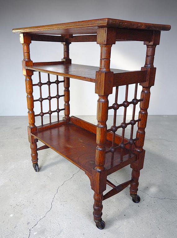 Mid 19th Century Antique British / English Oak Rolling Book Stand / Cart