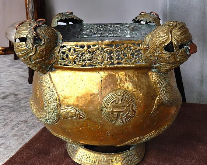 c. 1925 Large Chinese Brass Repousse Dragon Jardiniere