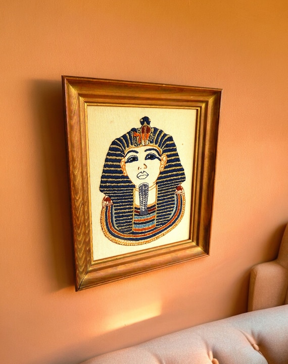Vintage 1960's Hand Embroidered & Framed Egyptian Pharoah.