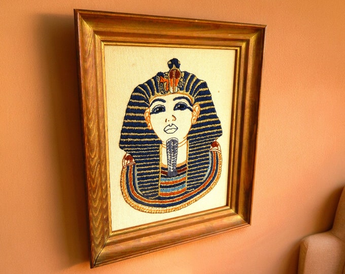 Vintage 1960's Hand Embroidered & Framed Egyptian Pharoah.