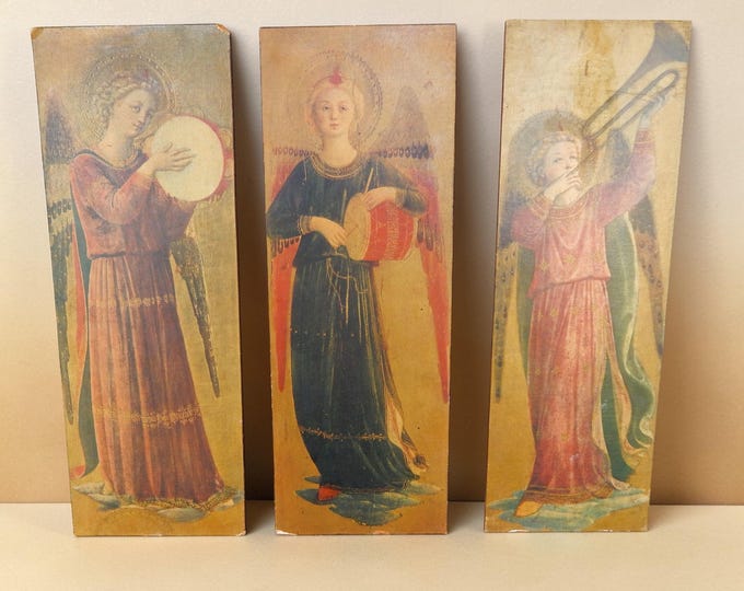 Three Vintage Images of Angels on Masonite Boards / Religious Iconography c. 1960