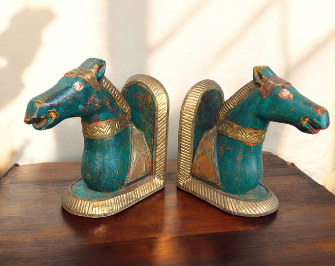 c.1960 Hand Carved / Painted / Embellished Brass Trimmed Horsehead Bookends