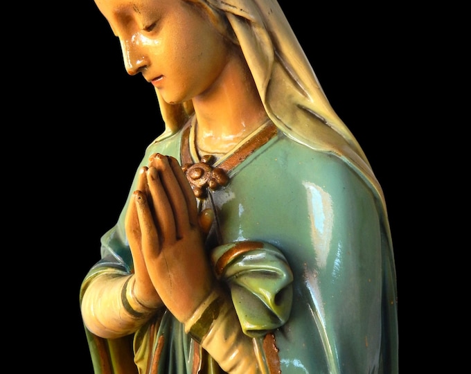 c. 1920 Antique 36" Painted Plaster Statue Depiction of Mary
