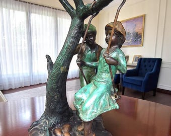 Early 1900's Cast Bronze & Hand Painted Sculpture of Boy Pushing Girl on Swing