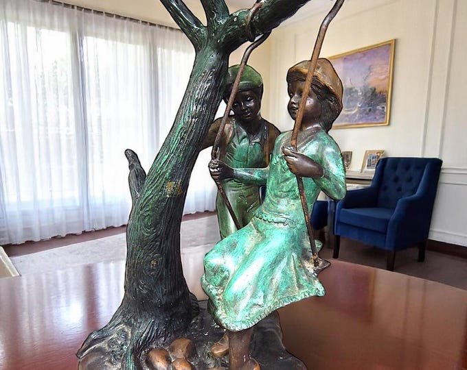Early 1900's Cast Bronze & Hand Painted Sculpture of Boy Pushing Girl on Swing