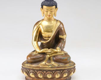 Nepalese 24K Gold Leaf over Copper Meditating Shakyamuni Buddha Early 20th C.