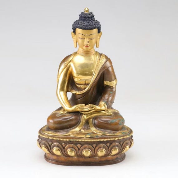 Early 20th c. Nepalese 24K Gold Leaf over Copper Meditating Shakyamuni Buddha