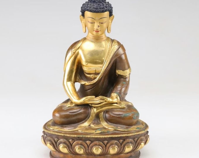 Early 20th c. Nepalese 24K Gold Leaf over Copper Meditating Shakyamuni Buddha