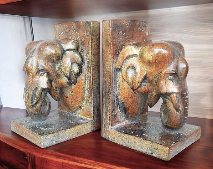 Vintage Hand Painted & Numbered Plaster Elephant Bookends